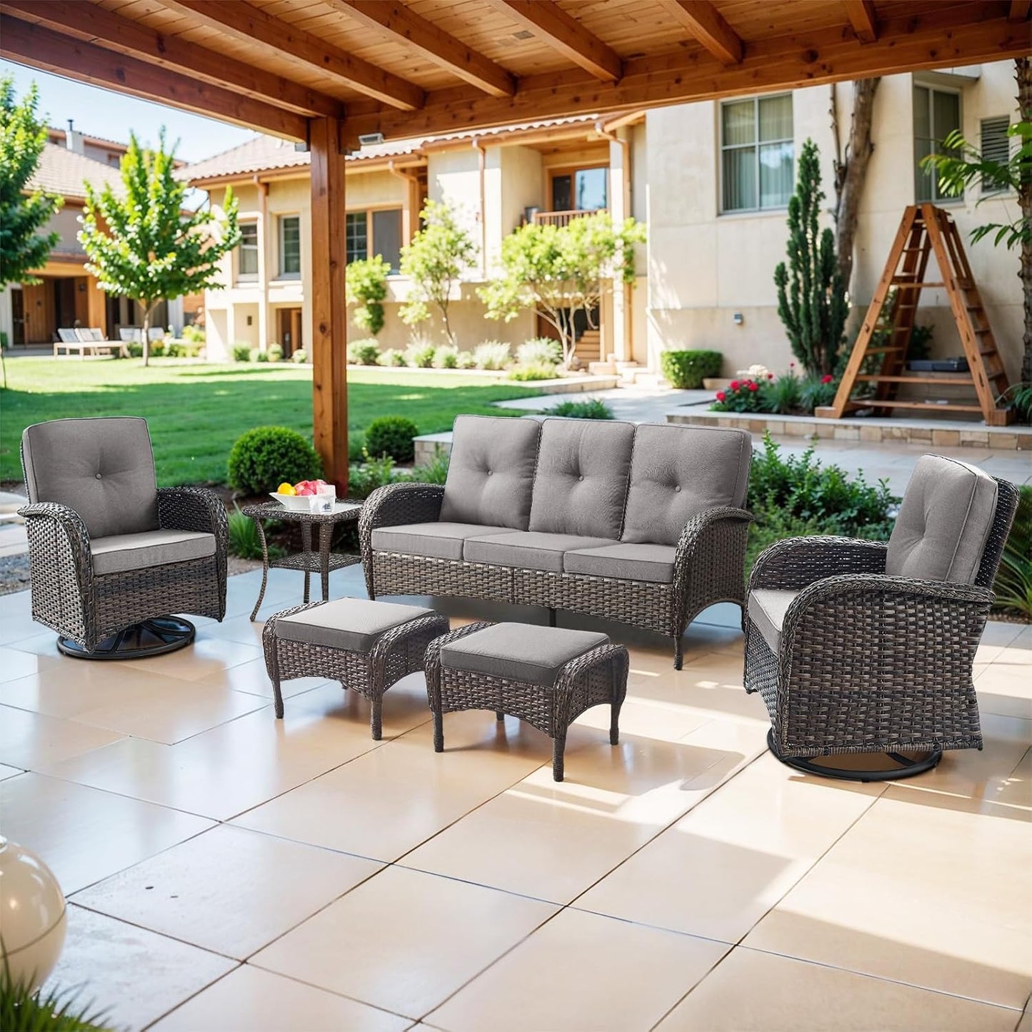 6 Piece Patio Conversation Sets - Wicker Patio Furniture Sets with Outdoor Swivel Rocker Chairs Outdoor Couch Perfect for Deck Patio Backyard, Brown Wicker Grey Cushion