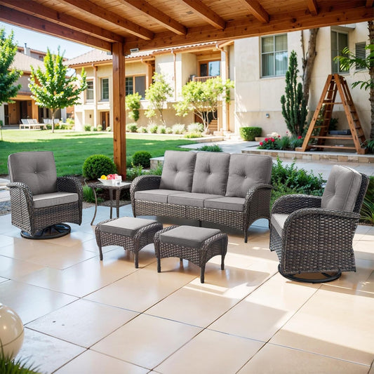 6 Piece Patio Conversation Sets - Wicker Patio Furniture Sets with Outdoor Swivel Rocker Chairs Outdoor Couch Perfect for Deck Patio Backyard, Brown Wicker Grey Cushion