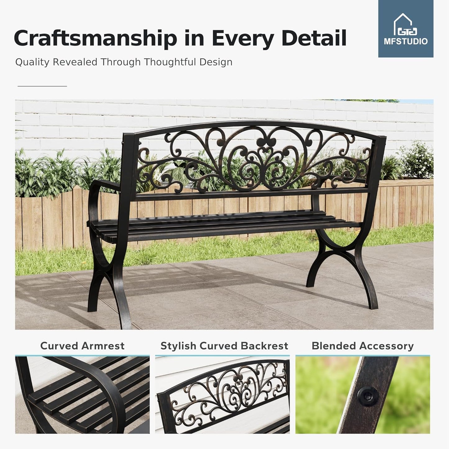 MFSTUDIO 50 Inches Outdoor Garden Bench, Cast Iron Metal Frame Patio Park Bench with Floral Pattern Backrest, Arch Legs for Porch, Lawn, Yard-Bronze