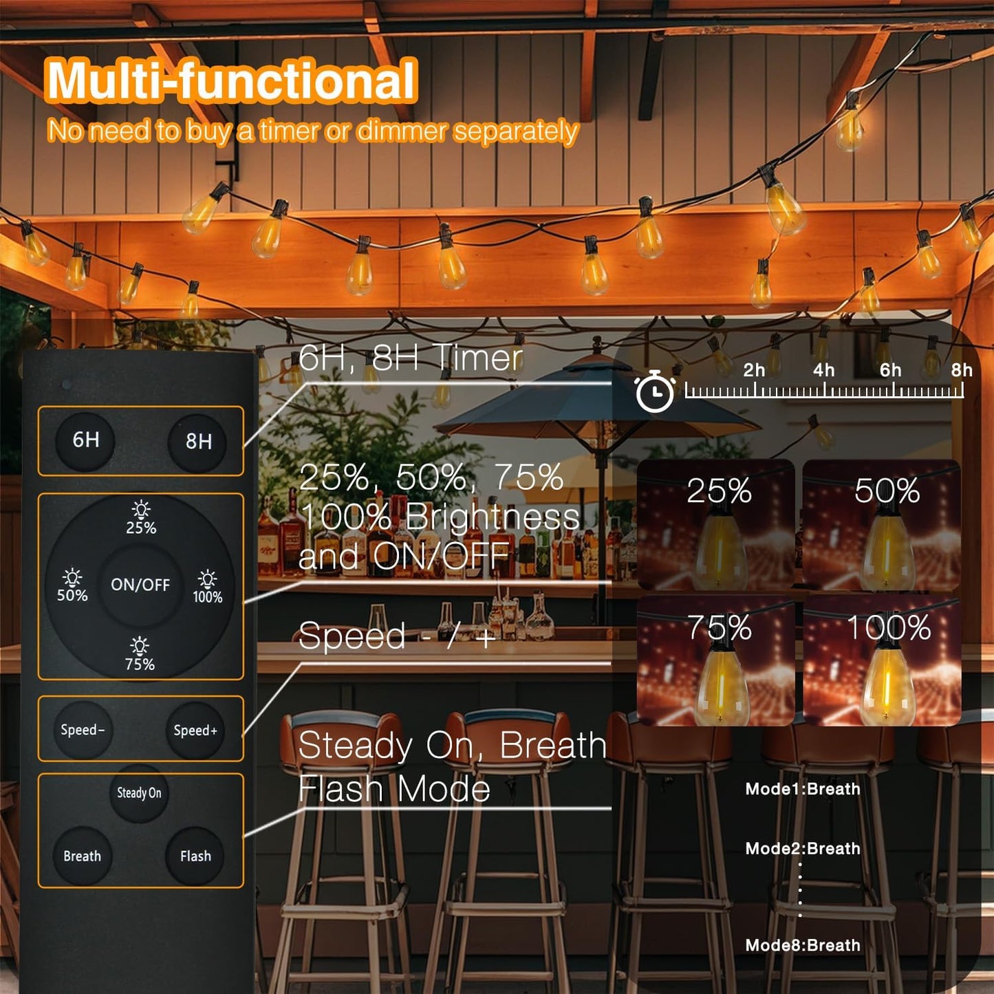 DAYBETTER 100ft Series de Luces solares 50 Bulbs 2700K Warm White Solar String Lights Outdoor Waterproof 5W Solar Panel, 12+ Hours Runtime Luces solares automáticas