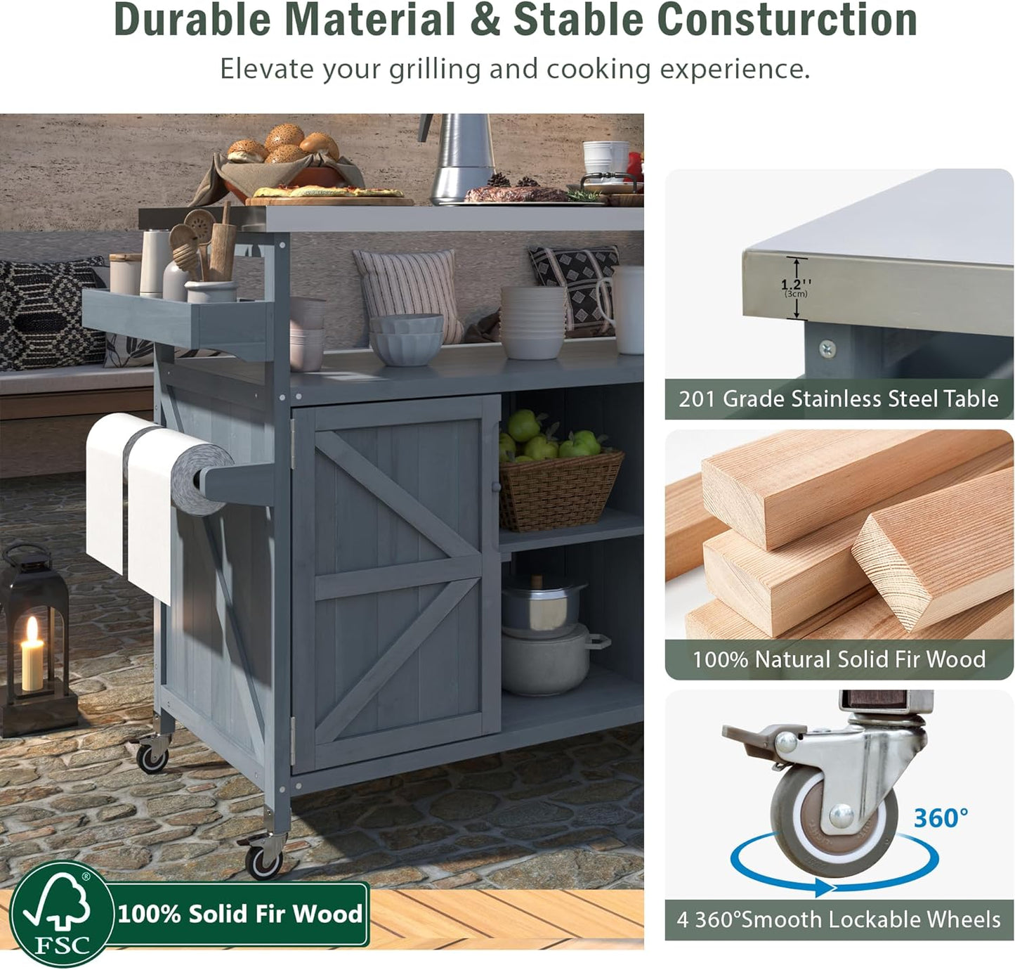 50.25" W Grill Cart with Stainless Steel Tabletop - Outdoor Storage Cabinet for BBQ, Bar Patio Kitchen Island with Ample Storage and Lockable Wheels