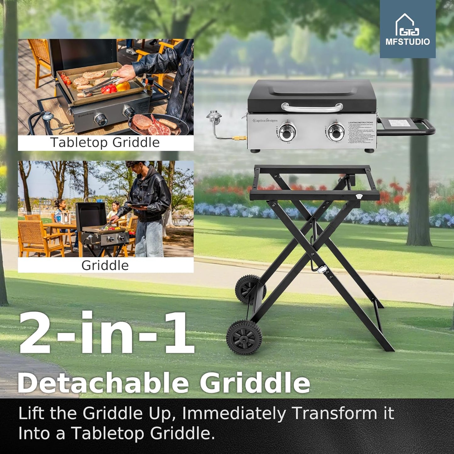 MFSTUDIO Small Portable Propane Griddle, 2 In 1 Gas BBQ Travel Grill with Foldable Stand, Compact and Light Countertop Grills with 2 Burners and Side Table, for Outdoor Cooking, Camping and Roadtrip