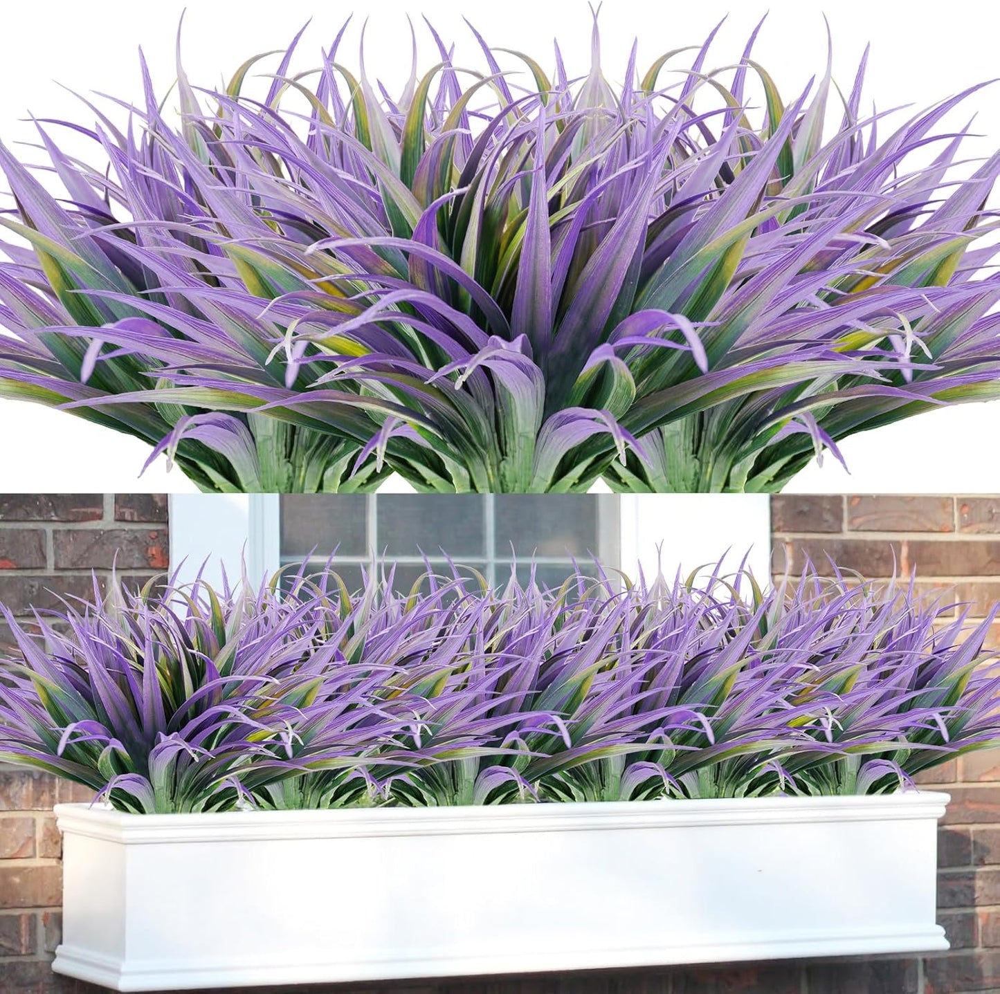 16Pcs Artificial Grass Fake Plants 17.3in Outdoor Plants UV Resistant Faux Greenery Stems Fake Grass for Home Window Garden Office Patio Pathway Front Porch Halloween Décor Green & Purple