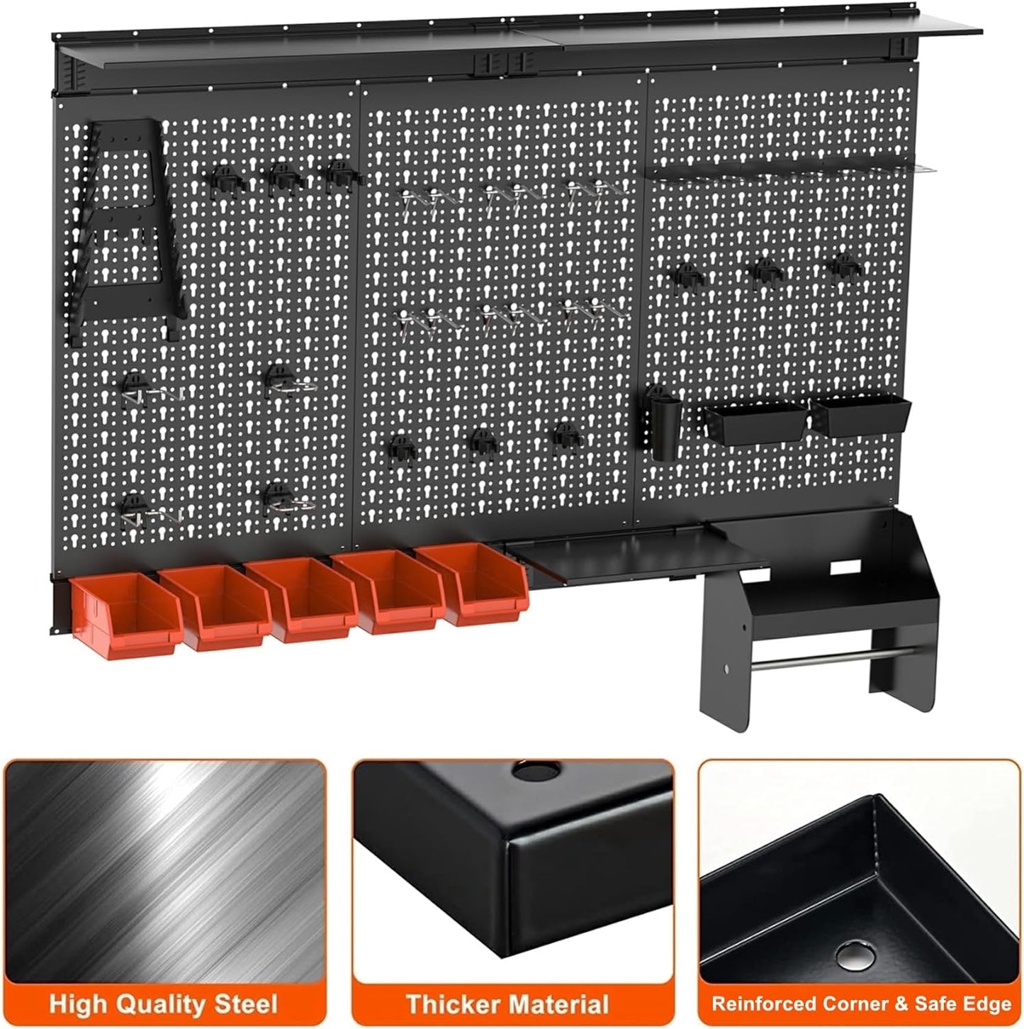 TORACK Metal Pegboard Wall Organizer 4ft Wide, Tool Storage Pegboard System for Garage with Accessories, Wall Mount Storage Bins, Shelves, Peg board Tool Organizer Kit for Workbench(Black)