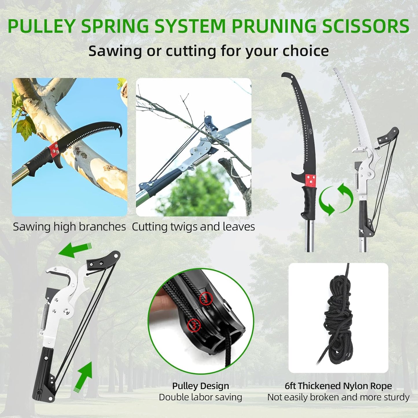 27FT Manual Pole Saw, Tree Branch Trimmer with 8-Section Fiberglass Handle, Sharp Steel Blade and Heavy-Duty Giant Pruning Scissors, Design for High Branch Trimming, Ideal for Palm and Shrub