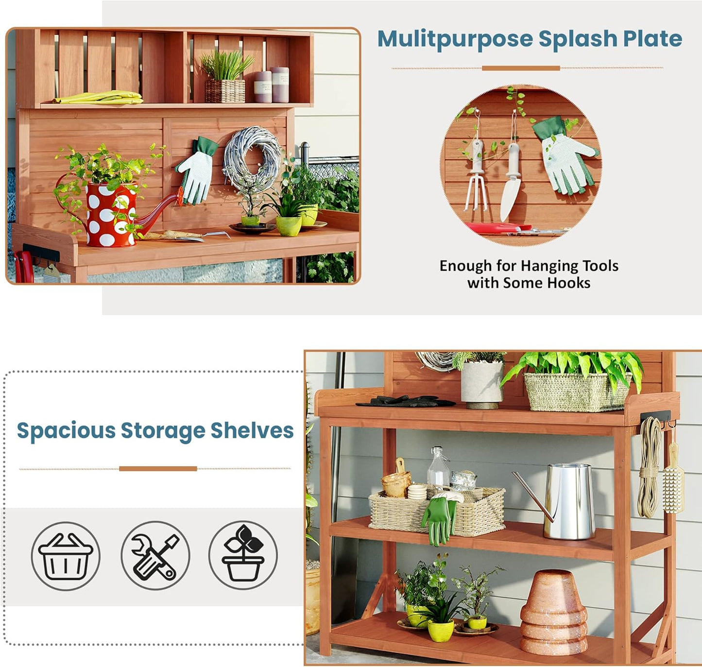 Merax 65" Large Wooden Farmhouse Rustic Outdoor Potting Bench Table with 4 Storage Shelves and Side Hook, Patio Workstation, for Garden, Backyard, Natural