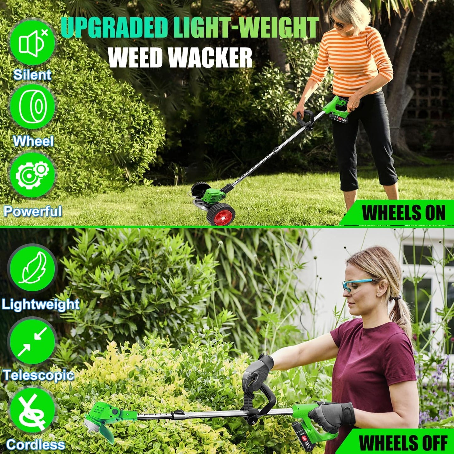Electric Weed Wacker Cordless Eater Battery Powered, 21V Lightweight Weed Trimmer Edger Lawn Tool with 2Pcs 2000mAh Battery, 3 in 1 Stringless Grass Trimmer/Edger/Brush Cutter for Garden Yard Lawn