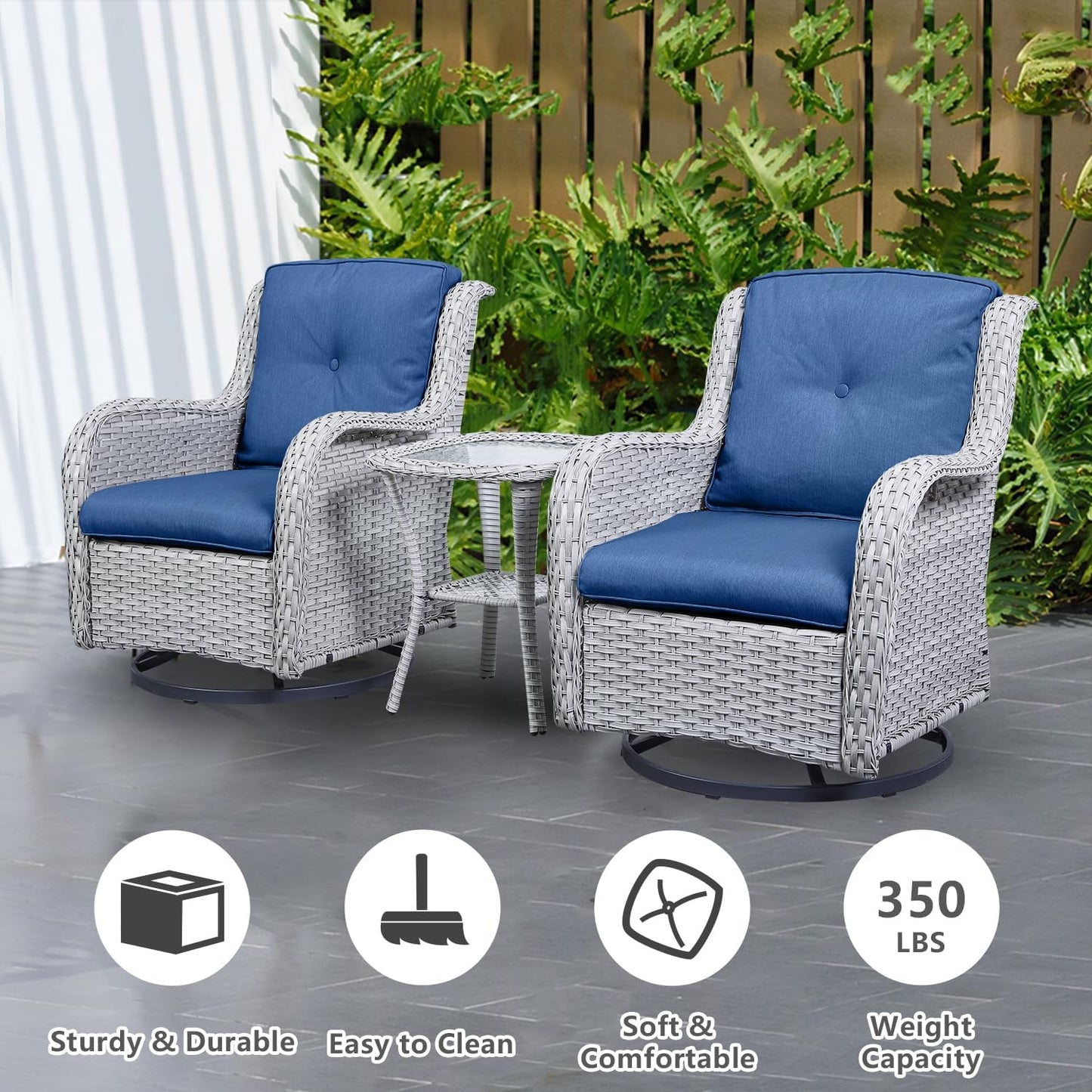 Wicker Patio Furniture Sets - 13 Piece Outdoor Rattan Furniture Conversation Sets with 4 Swivel Rocker Chairs, 2 Rattan Sofas, Wicker Ottomans and Coffee Table, Light Grey/Blue