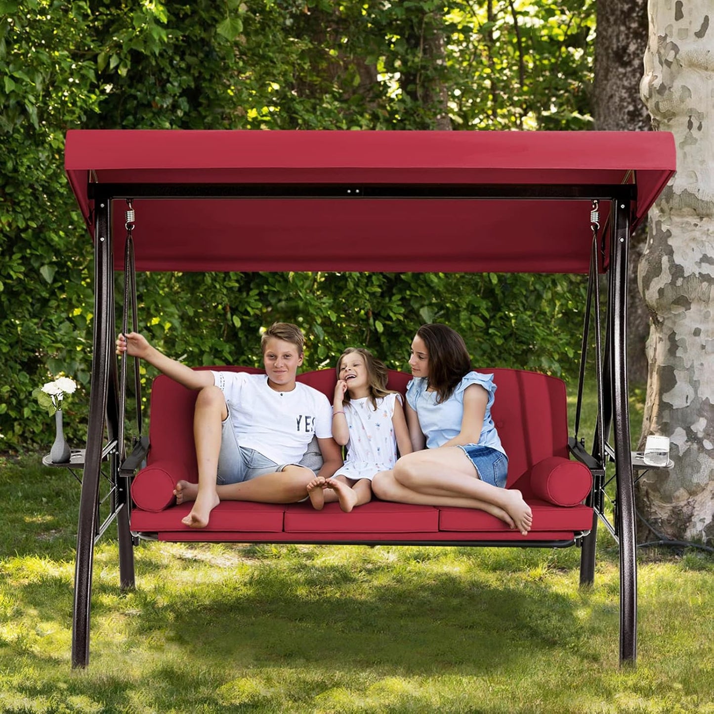 HOMREST 3 Person Outdoor Porch Swing with 1.5" Upgraded Cup Holder, Adjustable Canopy, Backrest, Patio Swing Bed with Weather Resistant Steel Frame, Cushions for Garden,Deck and Poolside(Wine Red)