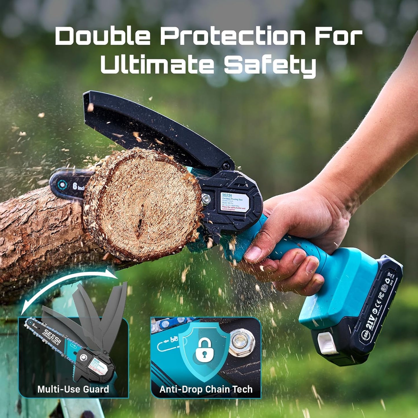 Seesii Mini Chainsaw, 6-inch Mini Chainsaw Cordless, Handheld Electric Power Chain Saw with 2 Batteries, for Tree Trimming Wood Cutting, Best Gifts for Father, Dad, Husband, Men