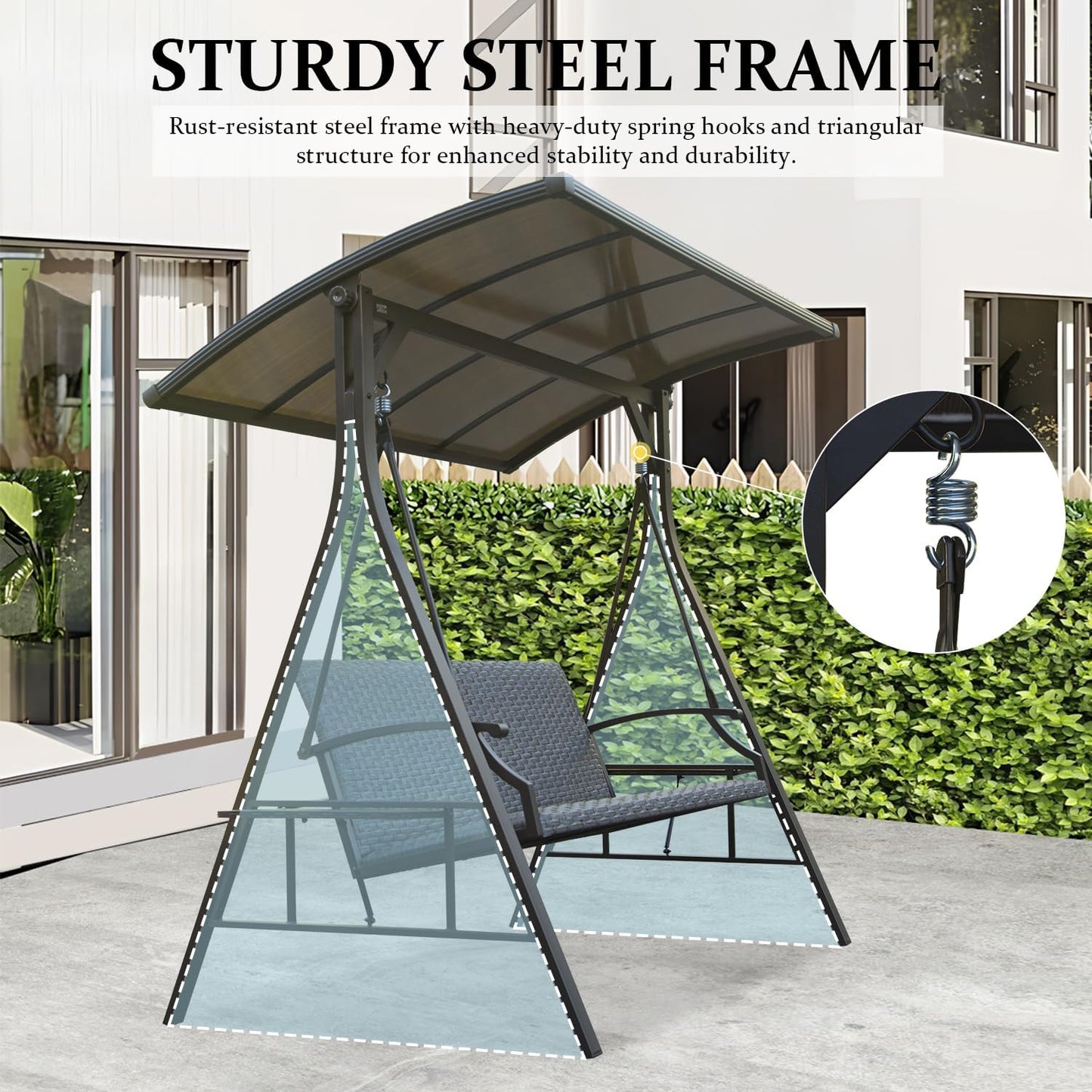 Domi 3-Seat Outdoor Porch Swing w/Adjustable Polycarbonate Hardtop and Side Table, Wicker Patio Swing Chair Bench with Steel Frame and Quick-Drying Foam Seat, Perfect for Backyard Garden and Lawn