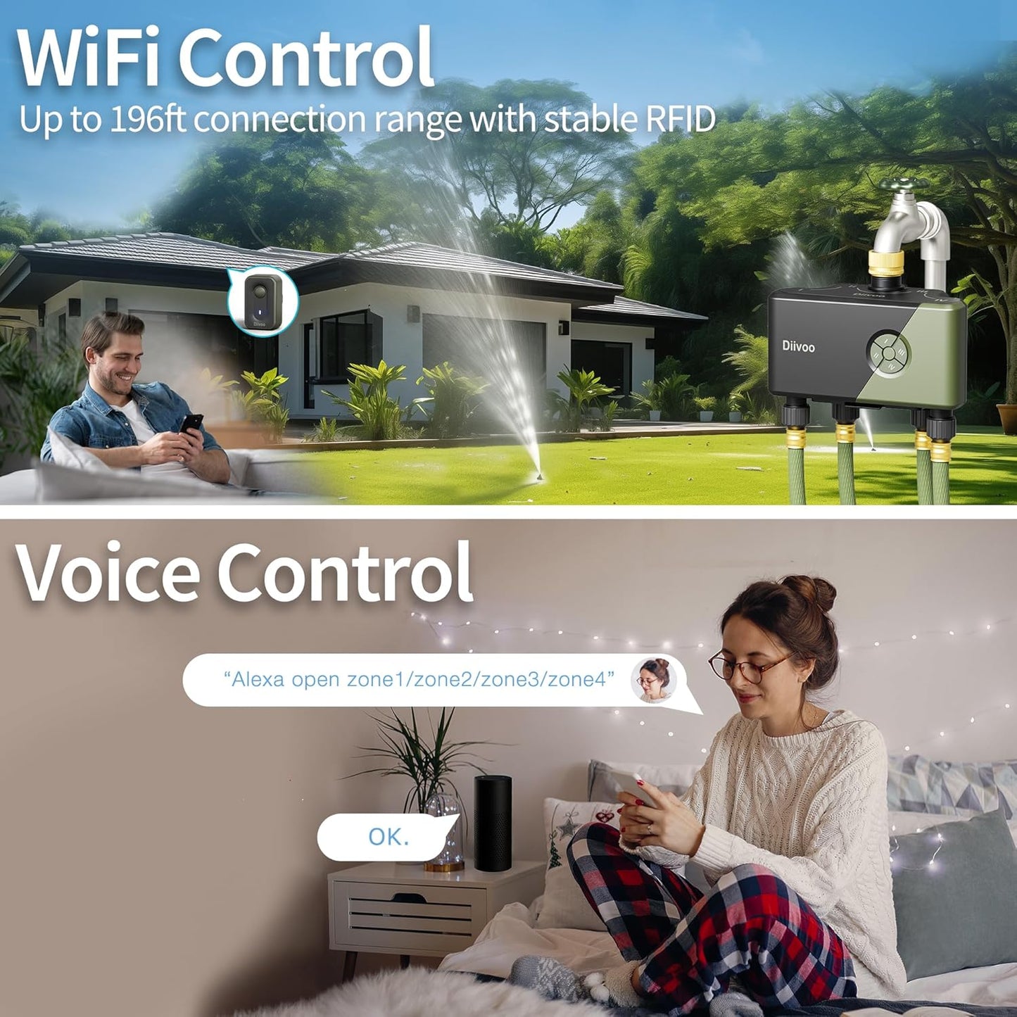 Diivoo WiFi Water Timer 4 Outlets with Brass Inlet, Smart Sprinkler/Hose/Tap Timer Compatible with Alexa & 24 Irrigation Plans & Rain Delay, Garden Watering Systems Controller with 2 Watering Modes