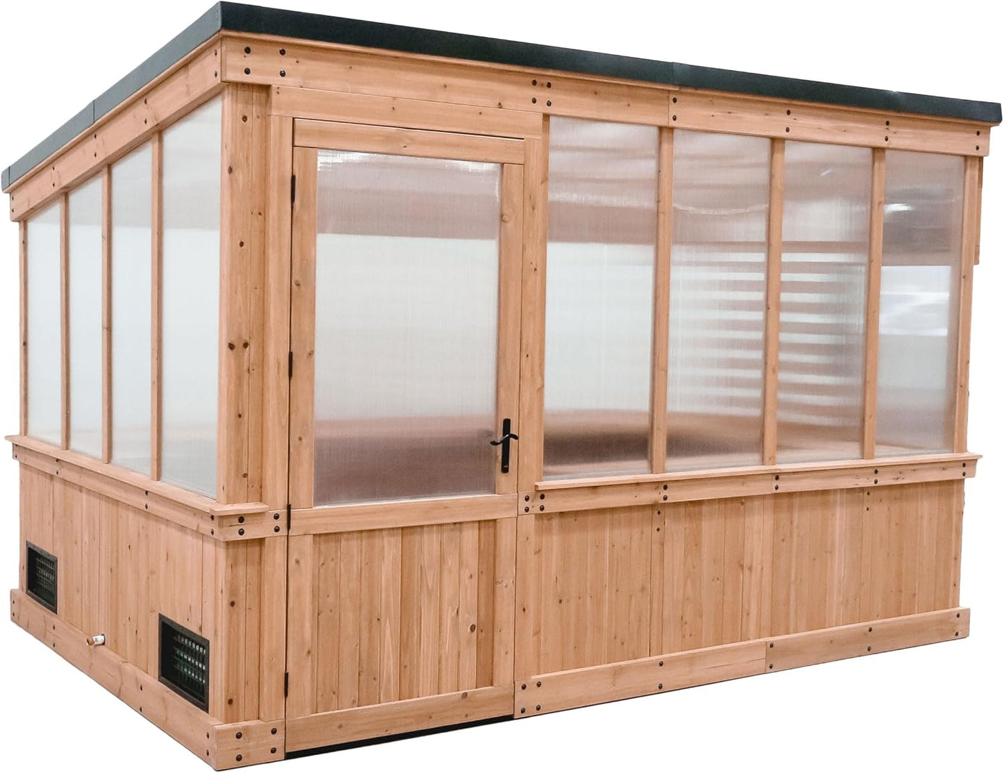 Backyard Discovery Zalie 11' x 7' Cedar Wood and Polycarbonate Walk-in Greenhouse Kit with Exhaust Fan, Windows, Hose Hook-Ups, PowerPort, Staging Shelves for Year-Round Outdoor Gardening