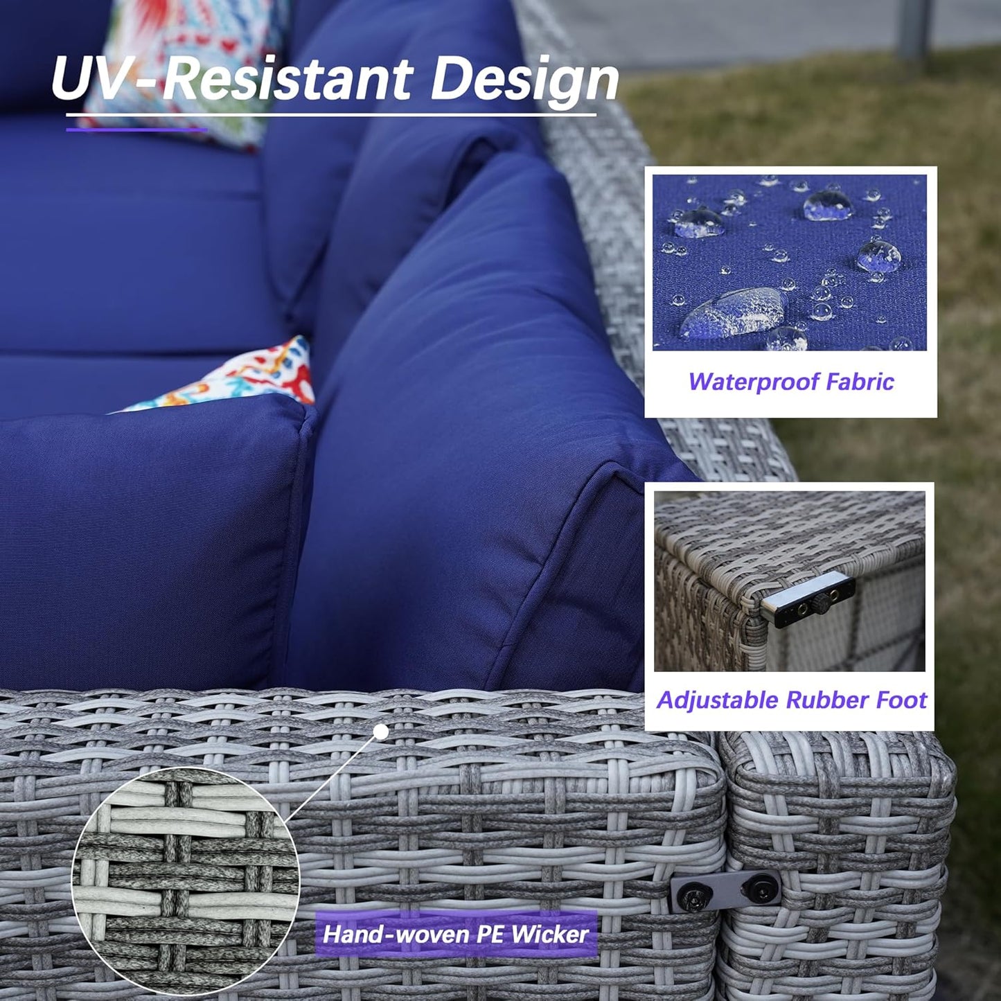 7 Piece Patio Furniture Set, Outdoor Couch Set—All-Weather Outdoor Furniture Sectional w Water Resistant Thick Cushions, Patio Sofa Set w 2 Extra Pillows and Coffee Table, Navy Blue/Gray