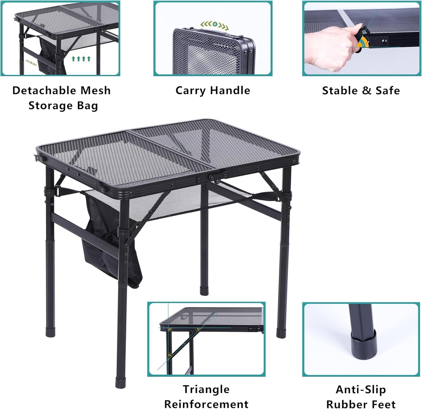 Nice C Table for Grill, Outdoor Table, Camping Table, Outdoor Cooking Table, Picnic Tables, Card Table Adjustable Height, Mesh Bag, Carry Handle (47.3” x 23.7“ x 14.7”/24.2“ Black)