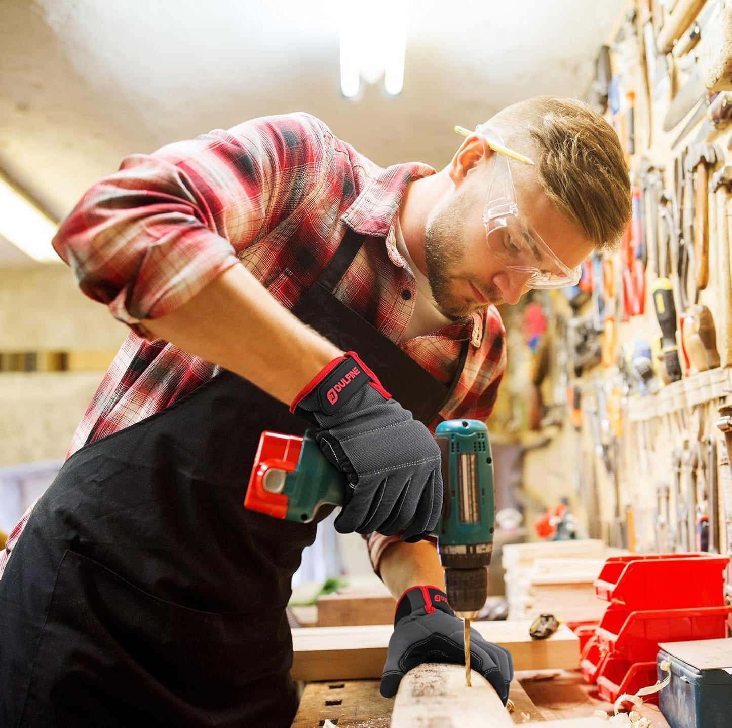 DULFINE Flex Grip Mechanic Work Gloves for Men,Black and Red Utility Safety Working Gloves Touch Screen,Excellent Grip,Ideal for Working on Cars and Outdoor Jobs(Large)