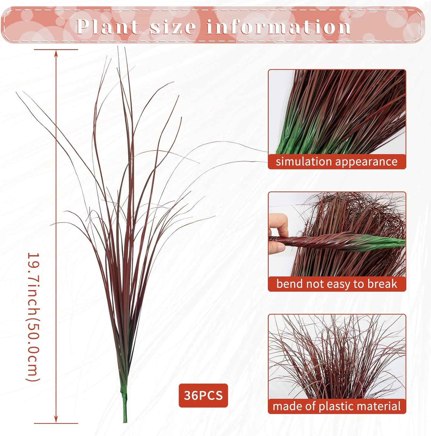 36Pcs Artificial Grass Plants, Faux Shrubs Wheat Grass, Artificial Tall Grasses Fake Plants for Outdoor Decor,Artificial Greenery Stems Weed for Room Indoor Home Decor（Red）