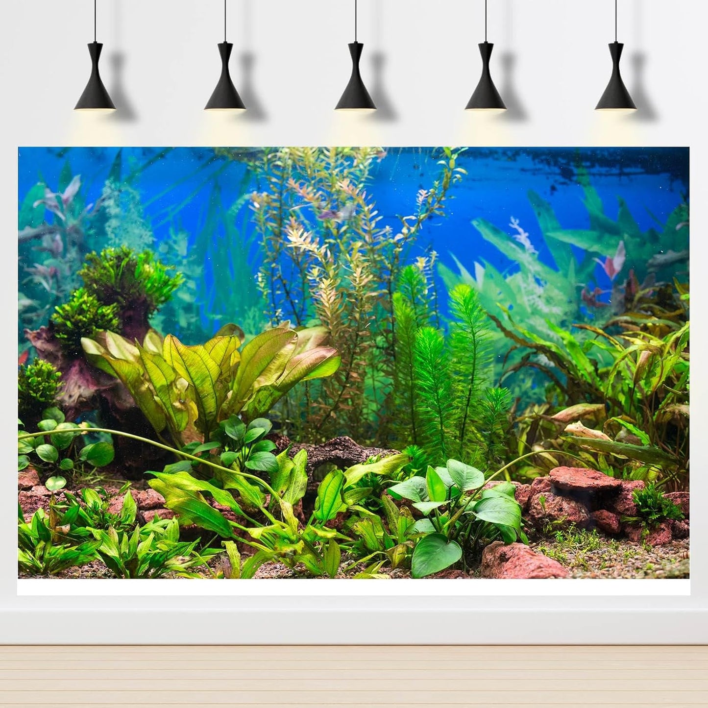 Aquarium Background Various Underwater Grass Plants Aquarium Backdrop Vivid and Fresh Green Aquatic Plants Stone River Bed and Dead Wood Purple Stone Fish Tank Background 24x12in