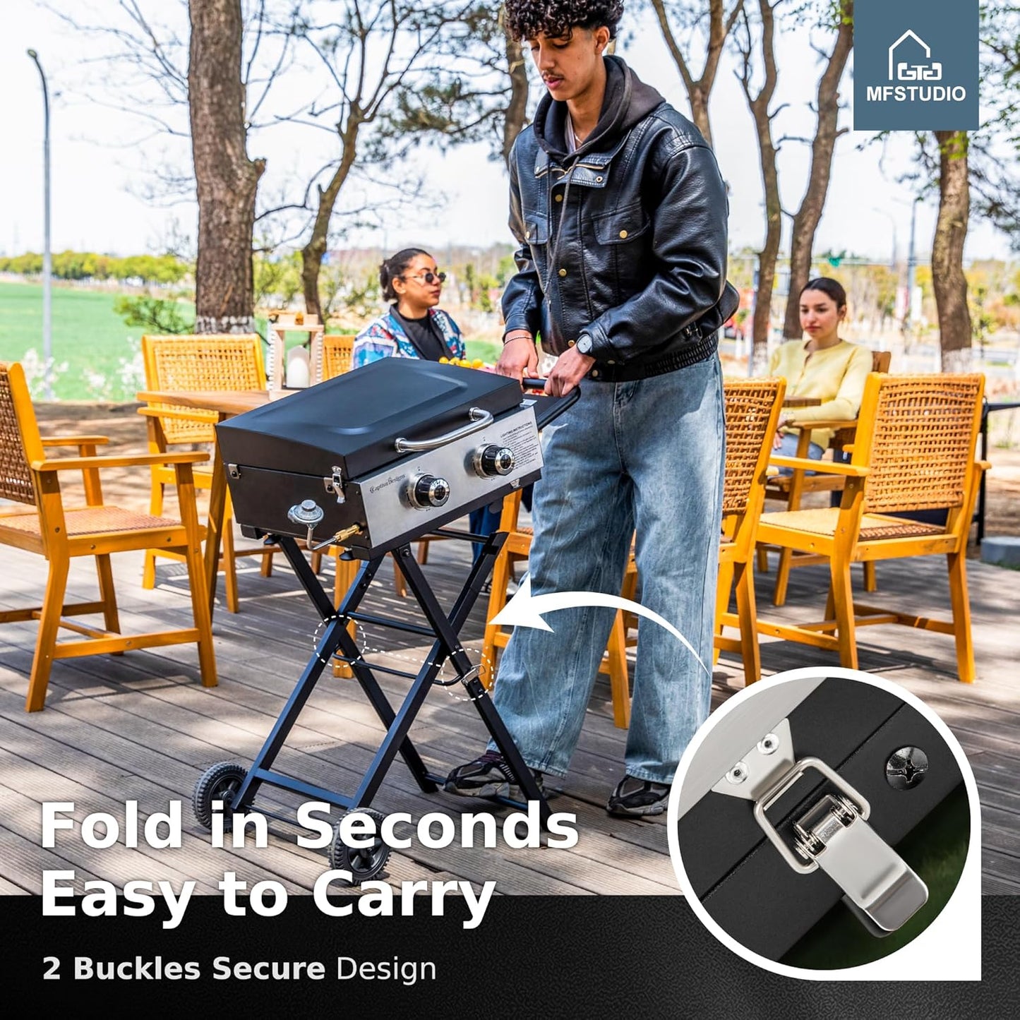 MFSTUDIO Small Portable Propane Griddle, 2 In 1 Gas BBQ Travel Grill with Foldable Stand, Compact and Light Countertop Grills with 2 Burners and Side Table, for Outdoor Cooking, Camping and Roadtrip