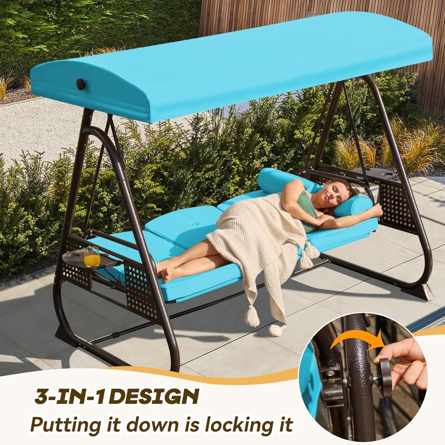 3 in 1 Outdoor Porch Swing with Adjustable Canopy, 3 Seat Outdoor Swing for Adults, Patio Swing Chair with Thickened Cushions,Pillows & Cup Holders for Backyard, Porch, Garden (Lake Blue)