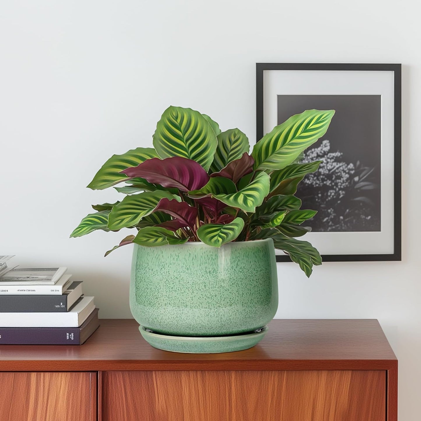 G EPGardening Ceramic Pots for Plants - 6 Inch Plant Pot with Drainage Hole and Saucer, Modern Ceramic Planter for Indoor Outdoor, Round Flower Planter, Gifts for Plants Lovers, Home Decor, Green