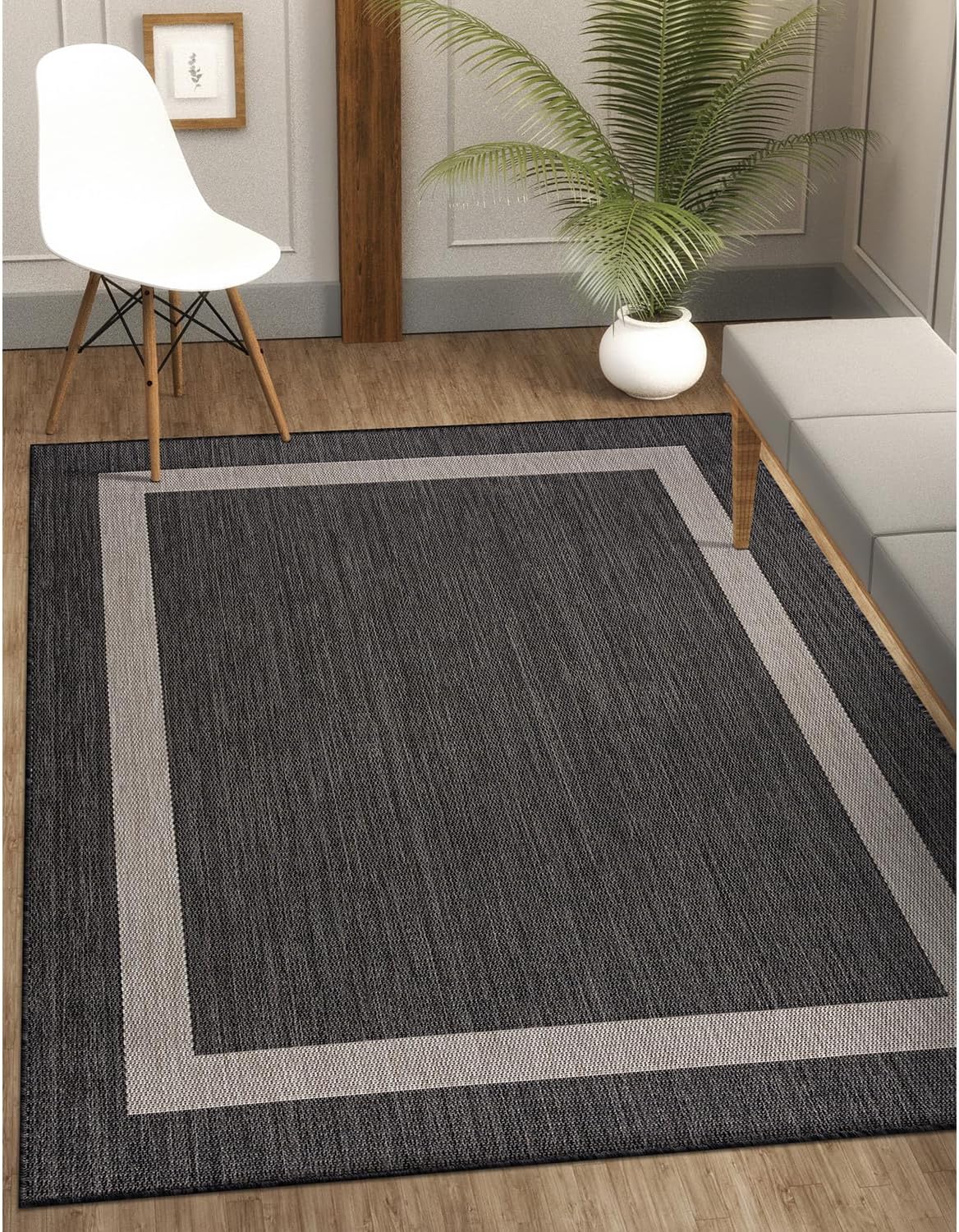 CAMILSON Outdoor Rug 8x10,Modern Outside Rugs for Patios Porches Waterproof Durable Washable Non-Shedding, Easy-to-Clean Indoor Outdoor Area Carpet (8 x 10, Bordered - Dark Gray/Light Gray)