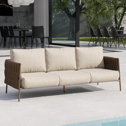 EAST OAK Life Chatter Outdoor Patio Furniture | Outdoor Sofa 3 Seats with Waterproof Thick Cushions | Deep Seating Modern Patio Sofa for Garden, Porch, Balcony & Backyard | Chestnut & Apricot