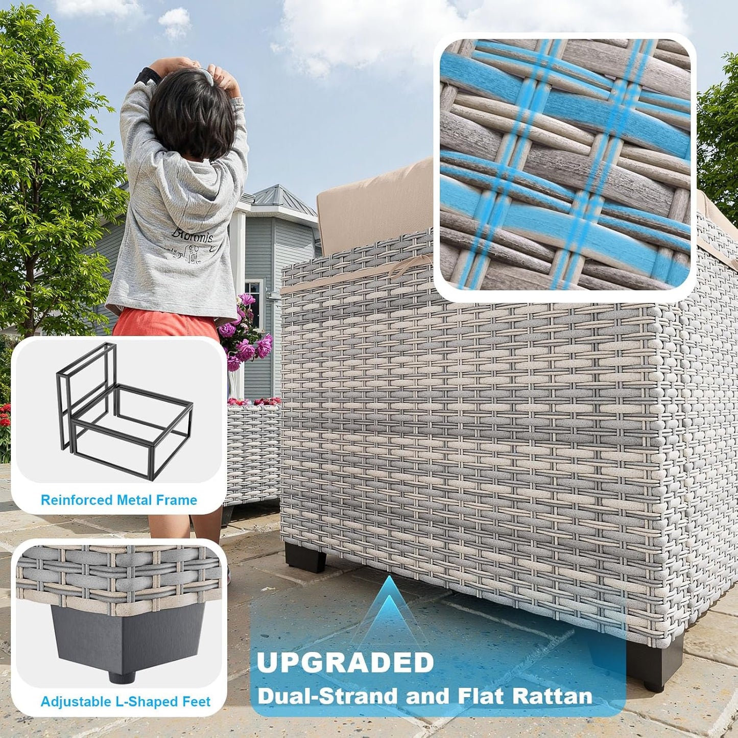 14-Piece Patio Furniture Set, Outdoor Sectional with Thick Cushions, Modular Patio Sofa, Dual-Strand Wicker Rattan, Rust-Resistant Frame, Backyard Furniture for Garden, Deck, Khaki