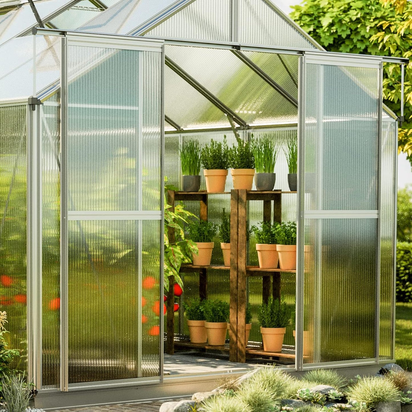 Greenhouse Topas 4 Aluminum Frame 7.4 x 8.5 ft Approx. 8 mm Polycarbonate Panels - with Bonus Base Frame and Automatic Vent Opener