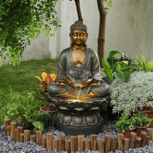 Buddha Water Fountain Outdoor Large Sitting Lotus Base Waterfall Fountains Zen Water Feature Indoor with LED Light for Garden Patio Backyard Deck Lawn Porch Balcony Home 45 inches Gold