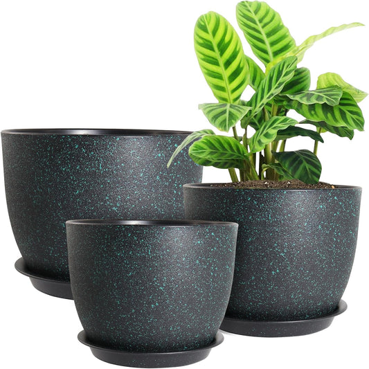 Modern Plant Pots Set, 9/8/7.5 inch Plastic Planters for Indoor Plants, Stylish Flower Pots with Drainage Holes and Saucers for House Plants and Flowers, Black with Green Speckles
