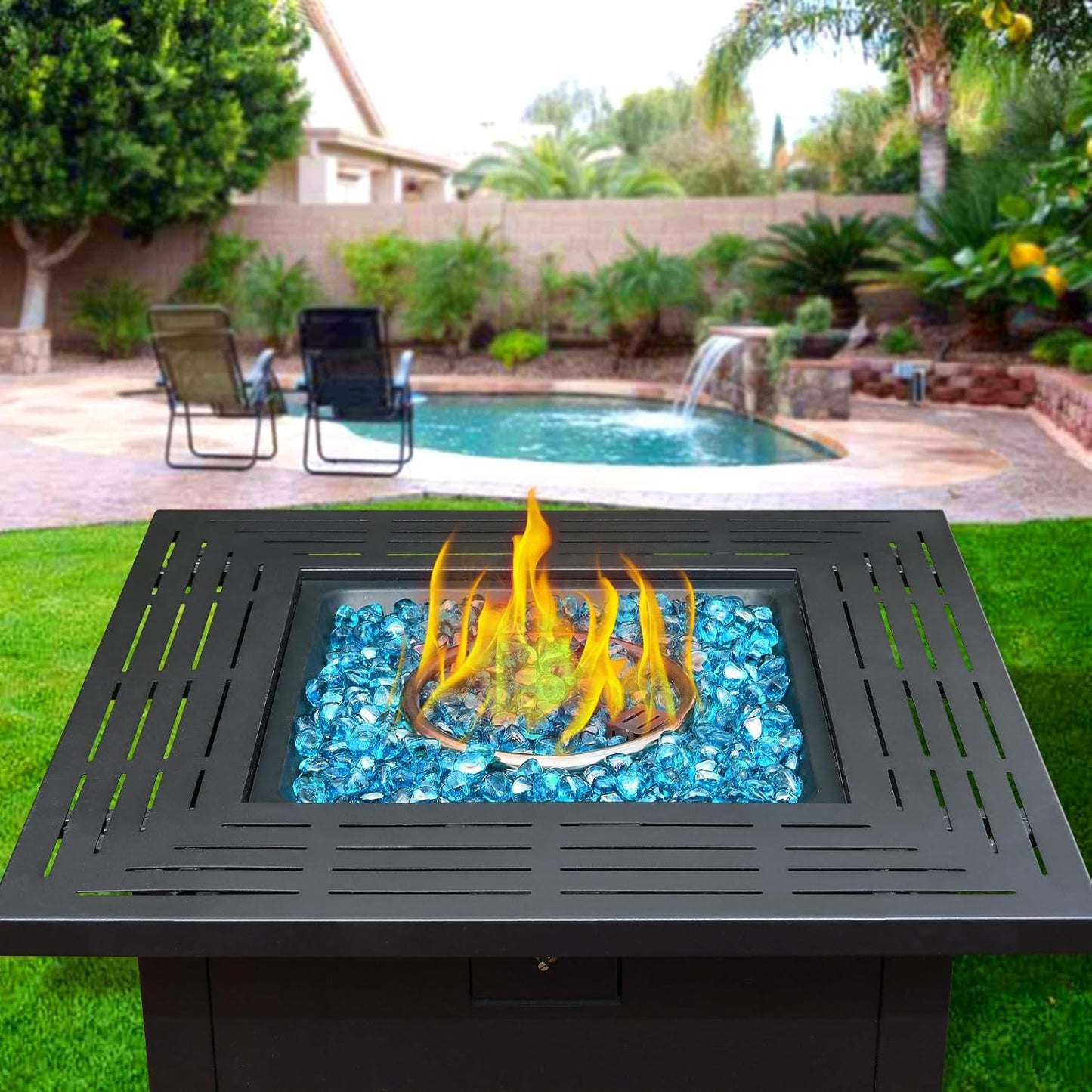 Caribbean Blue Firepit Glass Rocks 20 Pounds, 1 Inch Diamond Fire Stones for Propane Fire Pit, Fireplace and Outdoor Decorative, High Luster Glass Beads