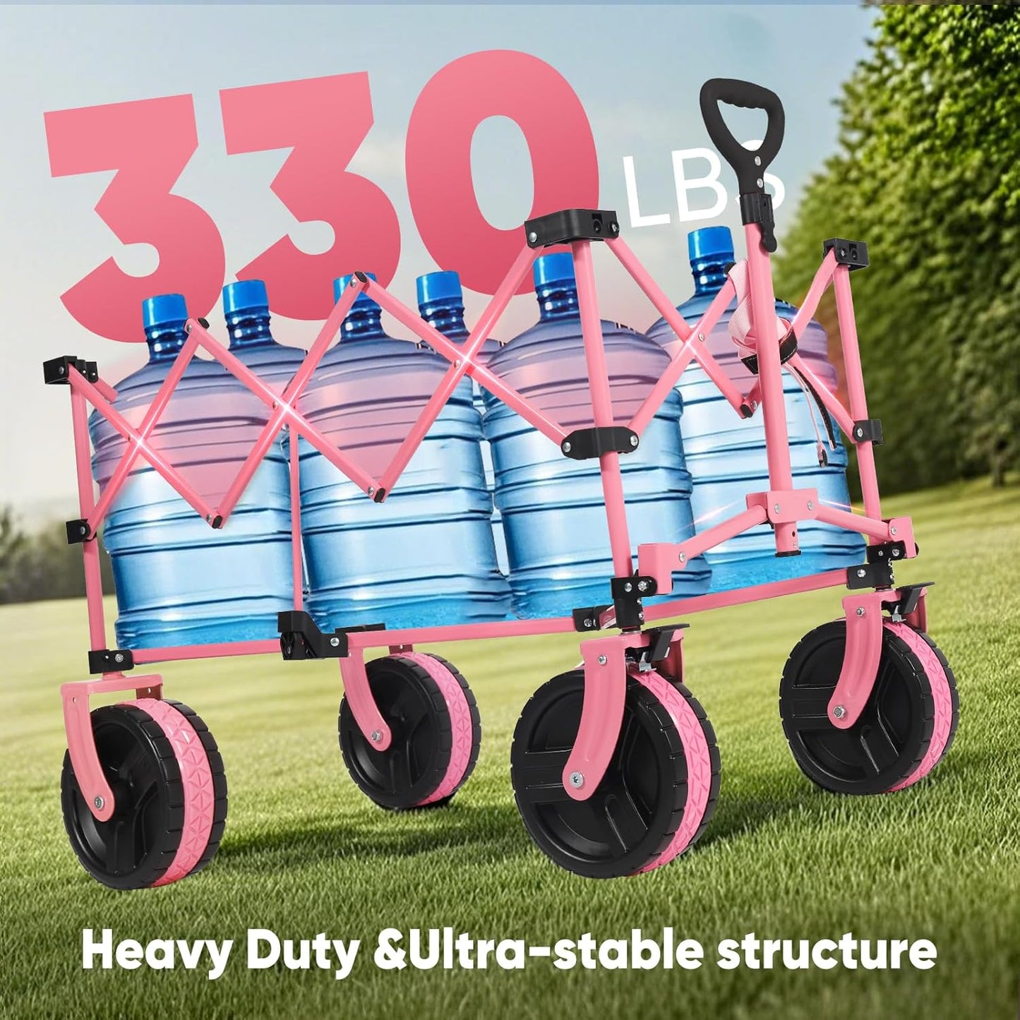 Sekey 220L Collapsible Foldable Wagon with 330lbs Weight Capacity, Heavy Duty Folding Utility Garden Cart with Big All-Terrain Beach Wheels & Drink Holders.Pink