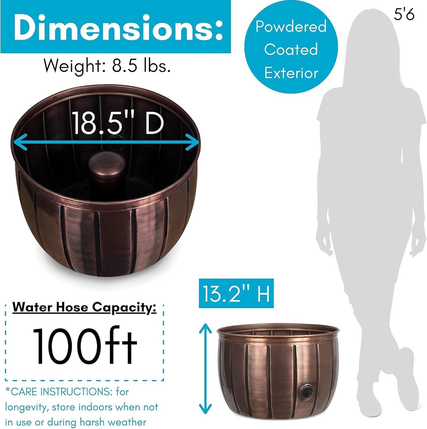 BIRDROCK HOME Water Hose Holder - Decorative Metal Pot, Indoor or Outdoor, Garden Storage Organizer, Patio Portable Bucket - Antique Copper, Holds up to 100ft Hoses, Medium No Lid