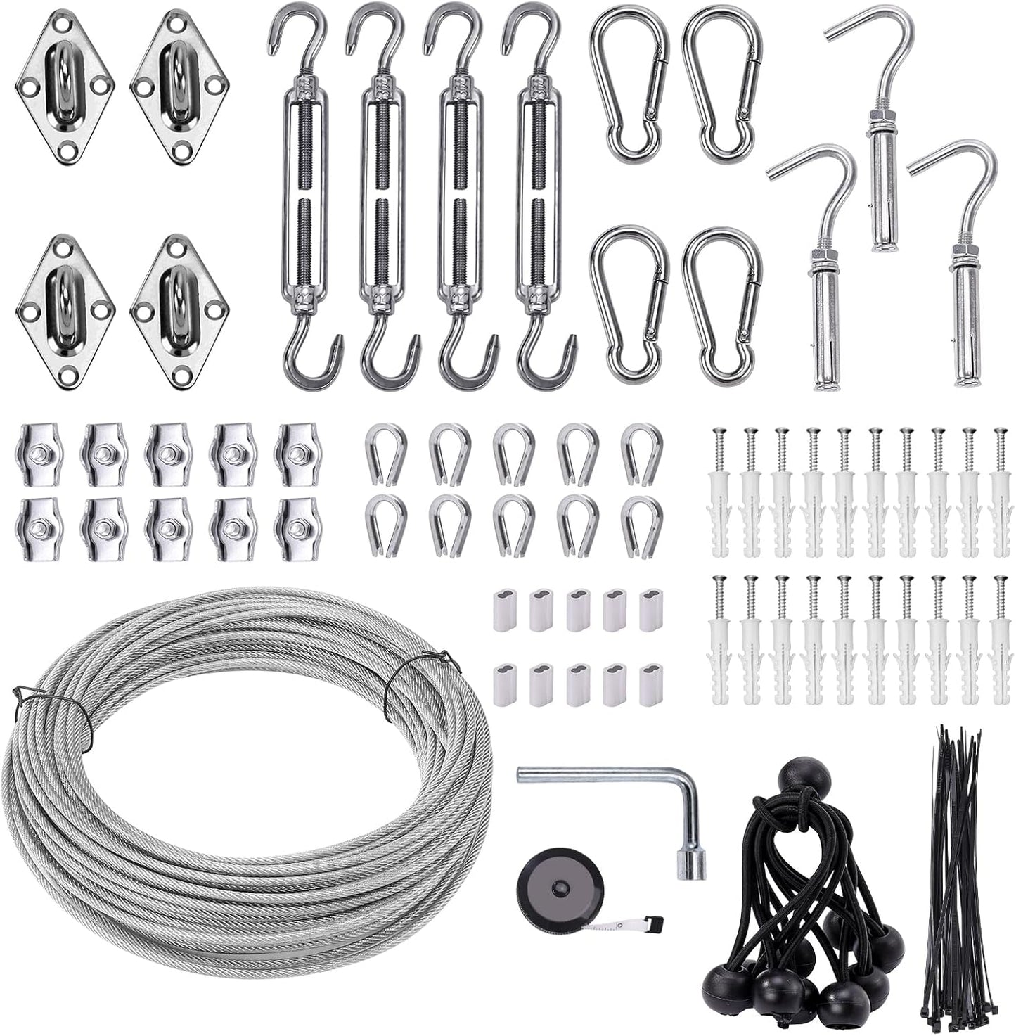 Shade Sail Hardware Kit 6 inch with 65.5FT 1/8" Wire Rope Kit for Triangle Rectangle Sun Shade Sail Outdoor Installation turnbuckles for Cables Wire for Outdoor,Garden,Kitchen,Craft,123PCS