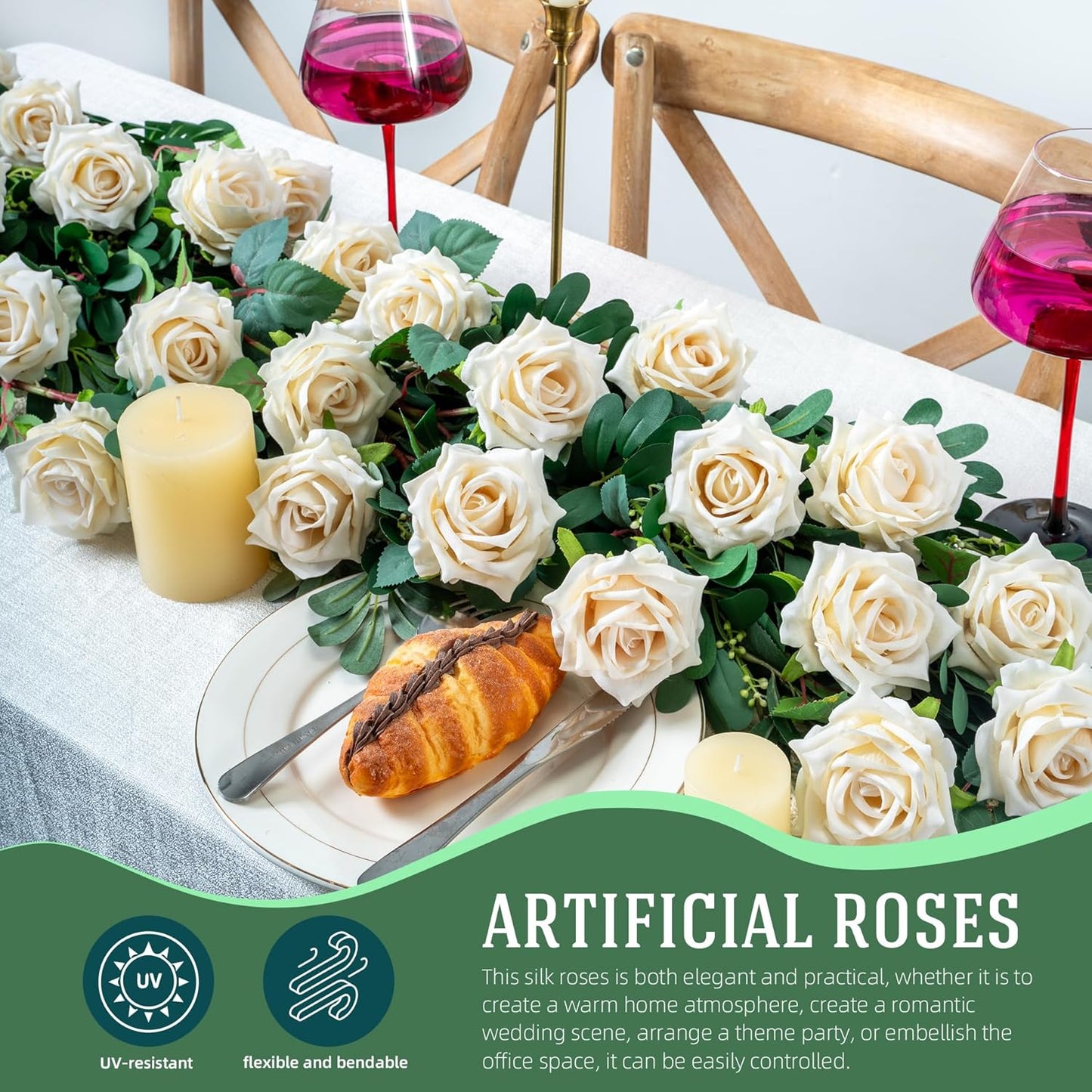 Fake Roses Faux Flowers 12PCS Silk Roses Artificial Roses with Stems Realistic Artificial Flowers Suitable for Indoor Home Decoration DIY Bouquet Wedding Decor Party Decor 16.5In (White)