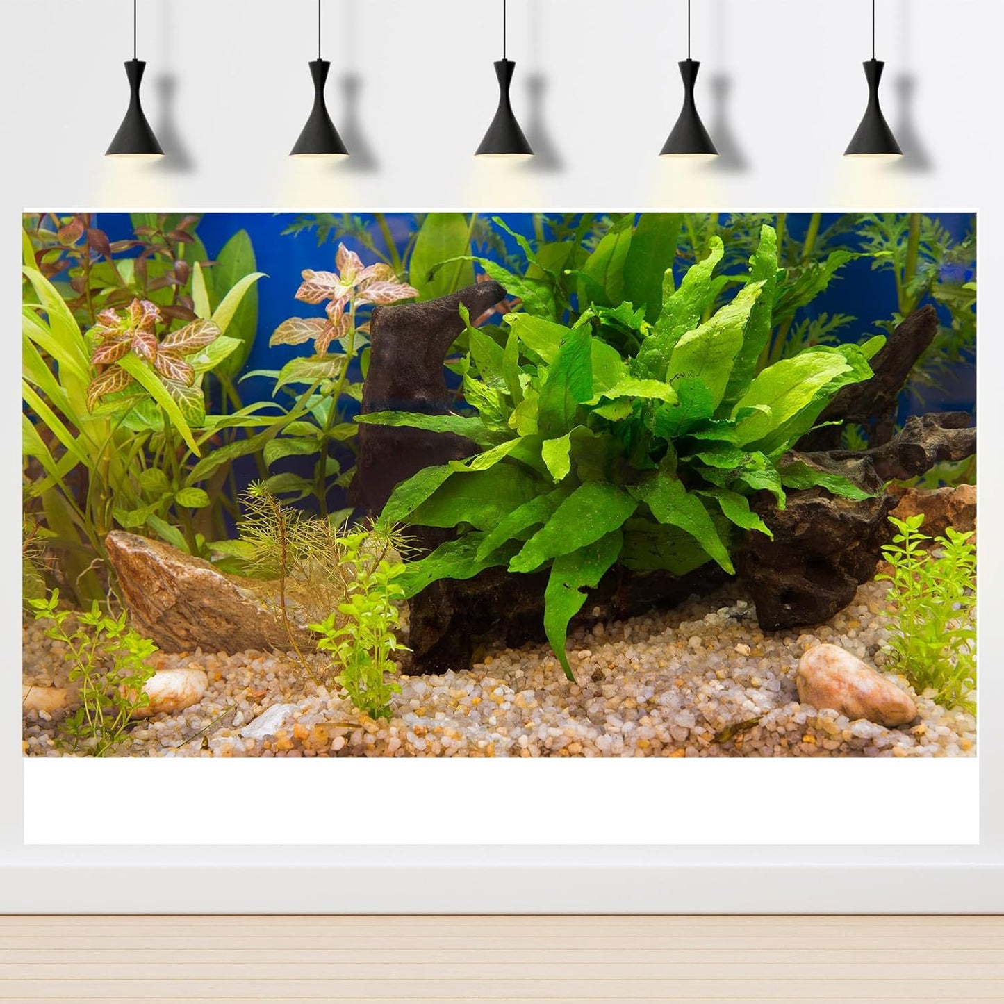 Aquarium Backdrop Underwater Grass Leaves Pebble Aquarium Background Vivid and Fresh Green Aquatic Plant Stone River Bed Fish Dead Wood Leaves Tank Background Decors Vinyl 72x16in