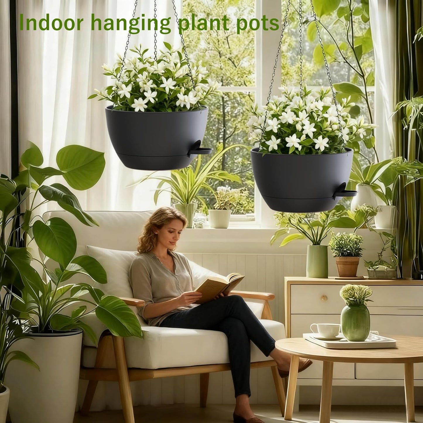 2 Pack Hanging Planters for Indoor Outdoor Plants, 12 Inch Self Watering Hanging Pot with Drainage Holes and Saucer, Plastic Plant Pots, Black Flower Pots for Kitchen, Balcony, Garden