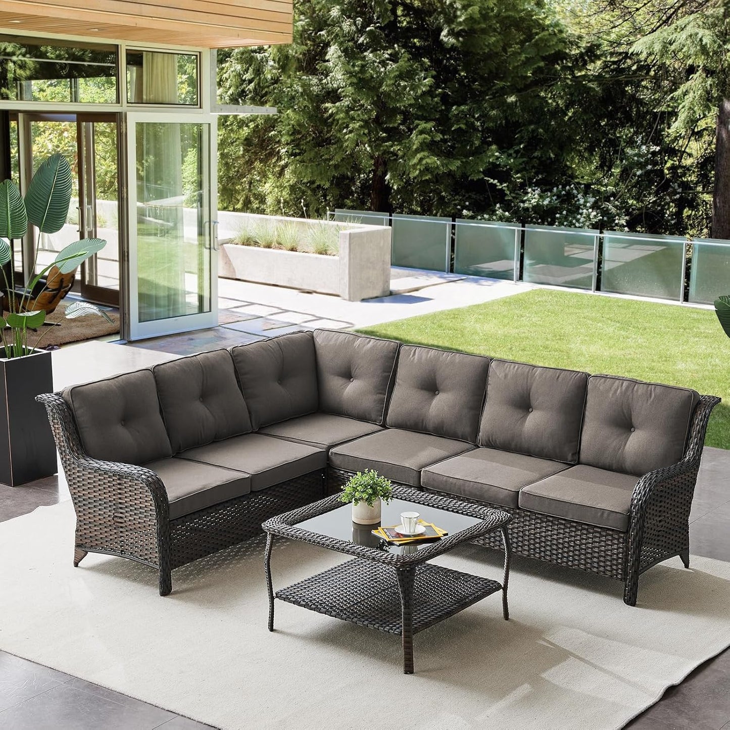 Outdoor Furniture Sectional Sofa L Shaped Couch - Patio Wicker Set with Coffee Table, 3 Piece Rattan Patio Conversation Sets with Gray Cushion for Deck Backyard Sunroom