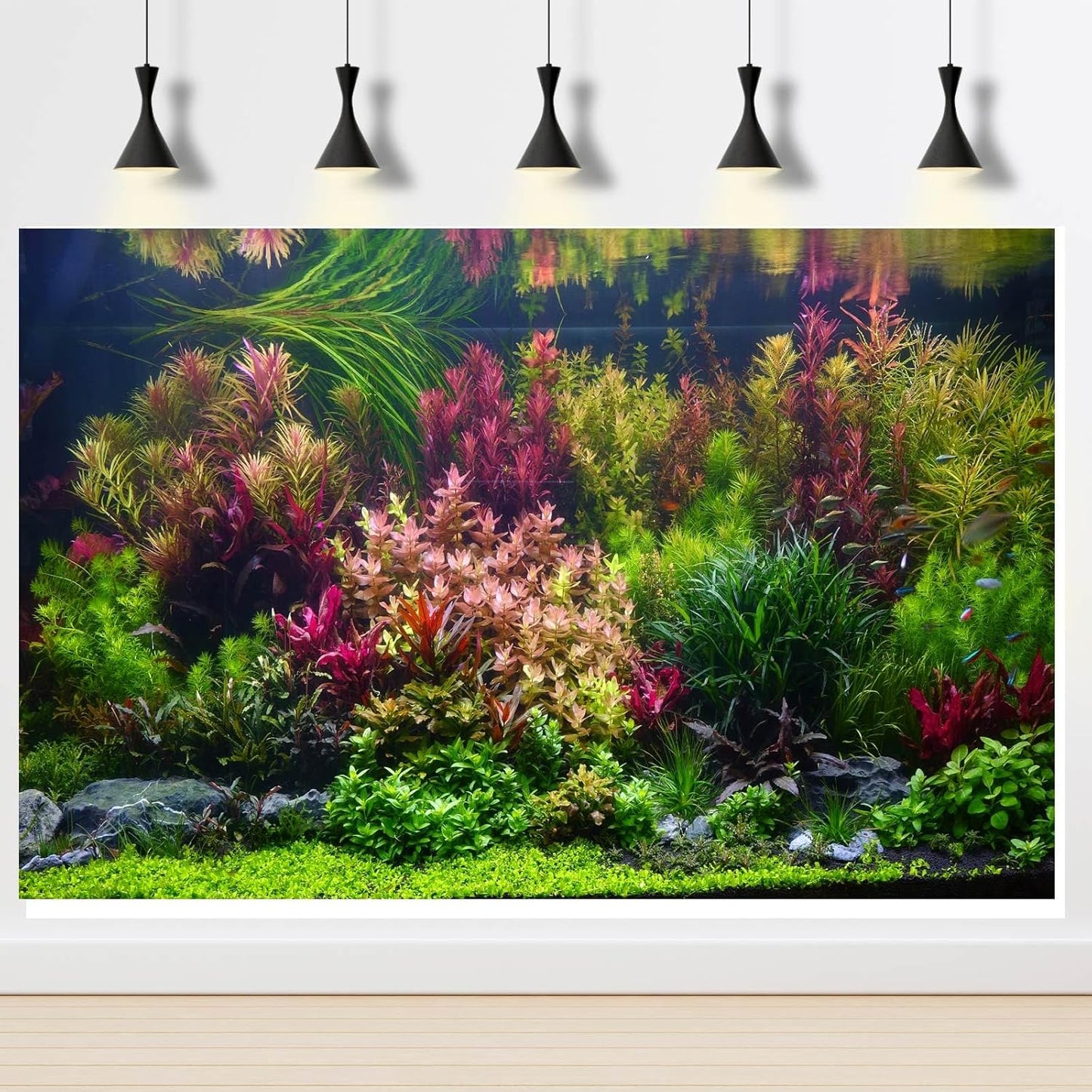 Aquarium Background Various Vivid Fresh Underwater Aquatic Plant Fish Tank Aquarium Backdrop Stone River Bed and Lake Fish Terrarium Background Decor Vinyl 36x24in