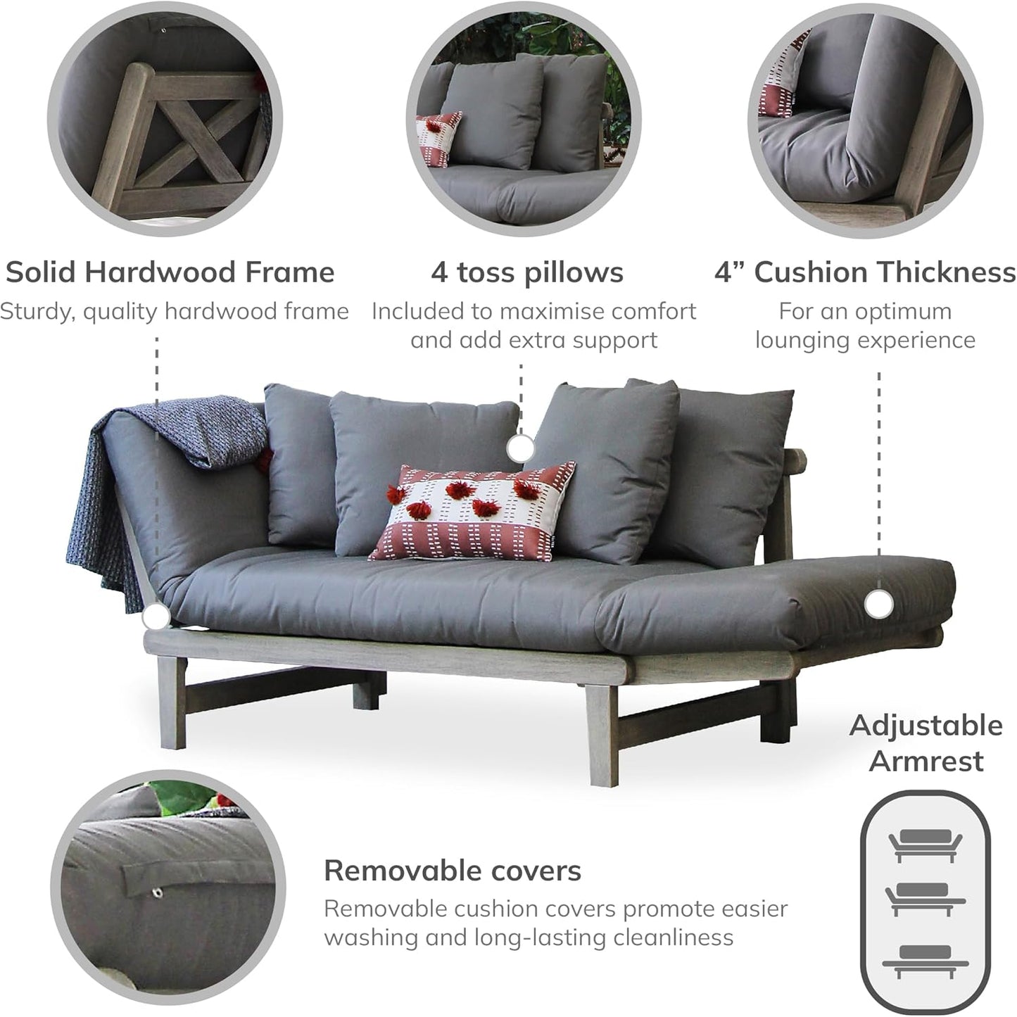 Cambridge Casual West Lake Mahogany Outdoor Convertible Sofa Daybed, Weathered Gray/Gray Cushion