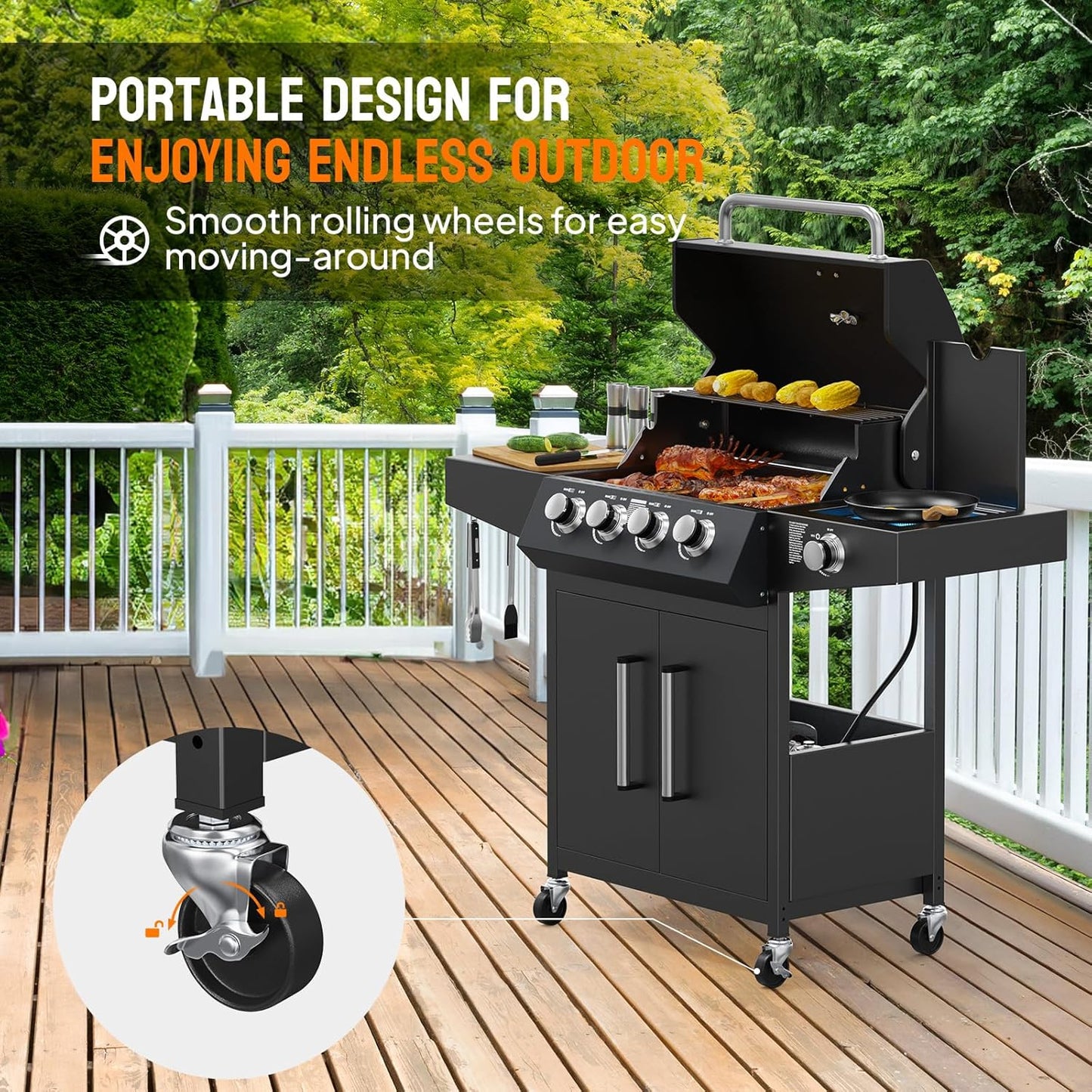 ROVSUN 4 Burner Propane Gas Grill with Side Burner, 58,000BTU BBQ Grills with Enameled Cast Iron Grates, Shelf & Cabinet for Outdoor Garden Patio Backyard Barbecue Cooking
