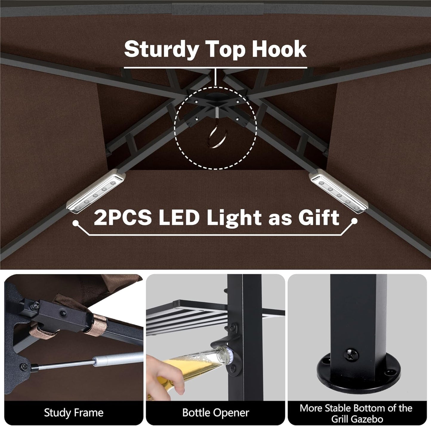 MASTERCANOPY 11 x 5 Grill Gazebo with Extra Side Awning Outdoor BBQ Gazebo with 2 LED Lights for Patio Party Backyard Picnic(Brown)