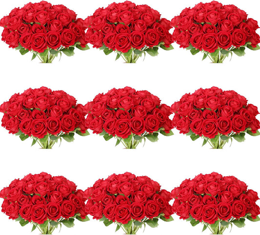 102 PCS Fake Roses Artificial Flowers Bulk, Red Roses Bridal Bouquet Silk Faux Rose with Stems for Wedding Flowers Decoration, Valentine's Day, Bridal Bouquet, Anniversary,Home Decor (102PCS, Red)