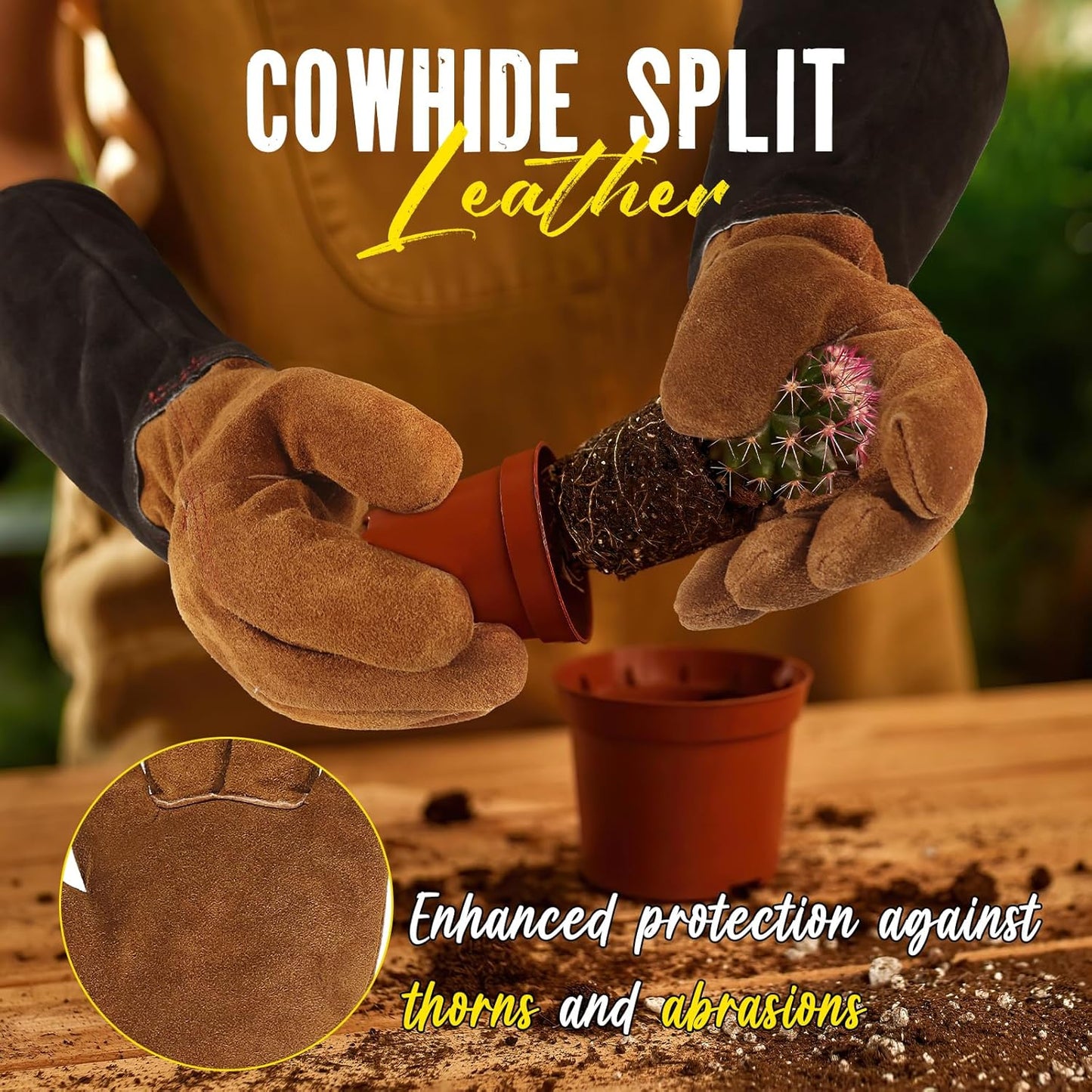 HANDLANDY Leather Gardening Gloves for Men & Women, Rose Pruning Thorn Proof Garden Glove, Long Sleeve Gauntlet Gloves (Black-brown, X-Large (Pack of 1))