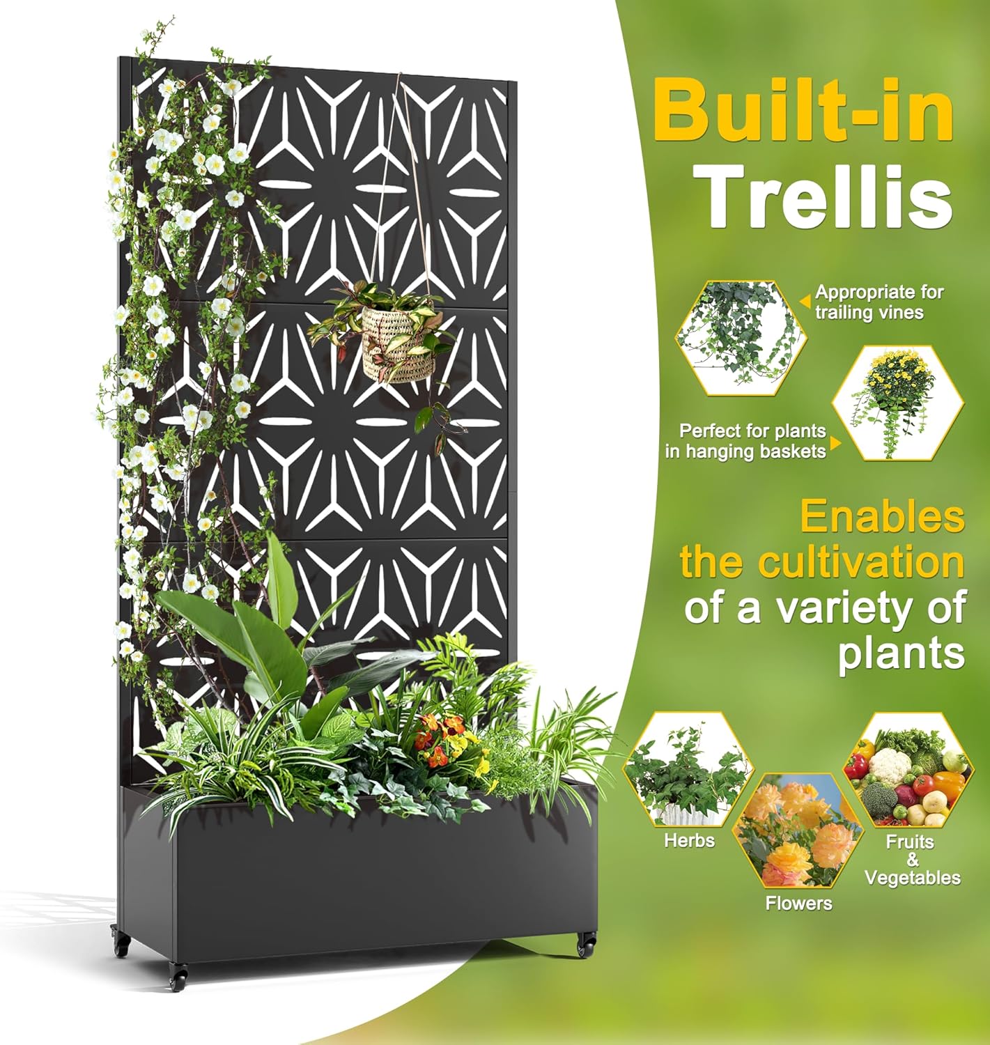 FENCY Metal Raised Garden Bed with Wheels and Trellis,73"x35"x16" Planter Box for Climbing Plants, Vegetables & Vines, Features Privacy Screen and Drainage Holes (Black-Star)