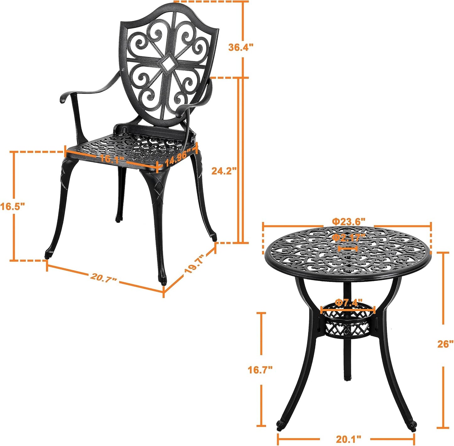NUU GARDEN 3-Piece Outdoor Bistro Set, Round 24 Inch Cast Aluminum Bistro Table with 2.17" Umbrella Hole and 2 Cast Aluminum Bistro Chairs, for Patio, Garden, Backyard and Balcony, Black