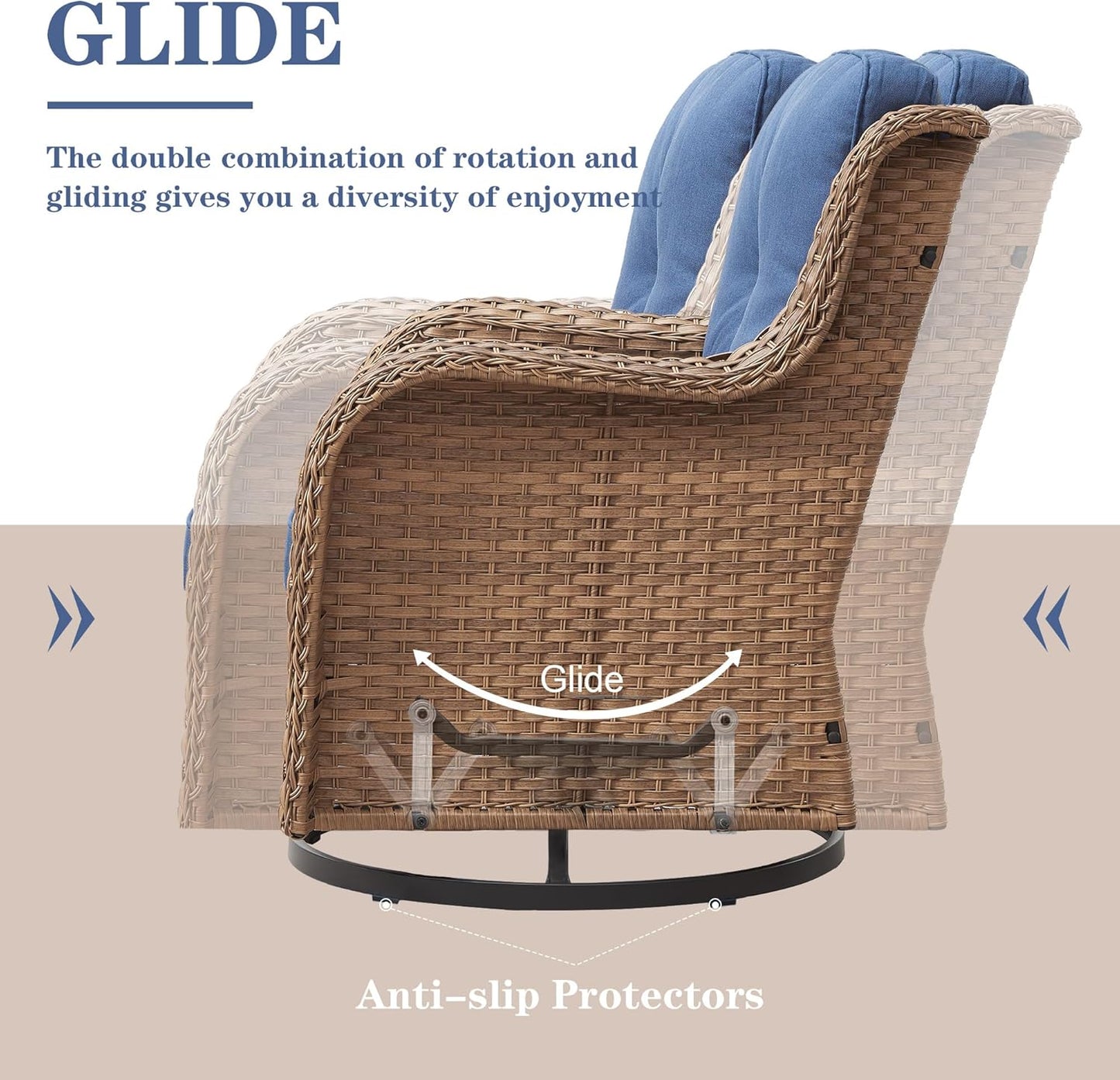 Outdoor Swivel Rocker Patio Chairs - 360 Degree Swivel Glider Seating 350LBS Weight Capacity 3 Piece Wicker Rocking Chairs Set with Side Table for Porch Balcony Deck, Yellow/Blue