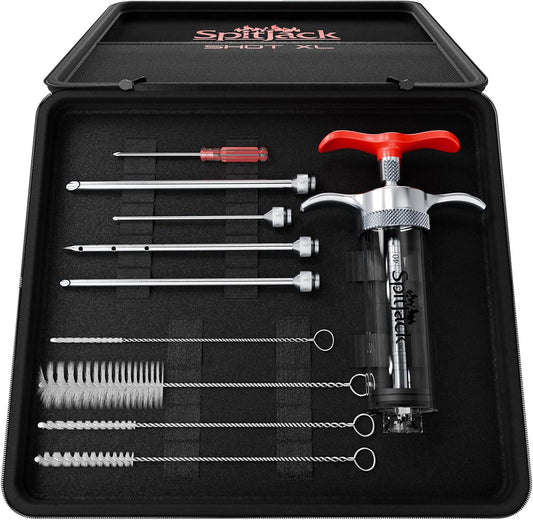 SPITJACK SHOT XL Meat Injector Syringe for Smoking. Turkey Marinade and Brisket Flavor Injection Kit. BBQ Accessories and Cooking Gift for Men. Stainless Steel 4 Needles, Case, 70ml Capacity.