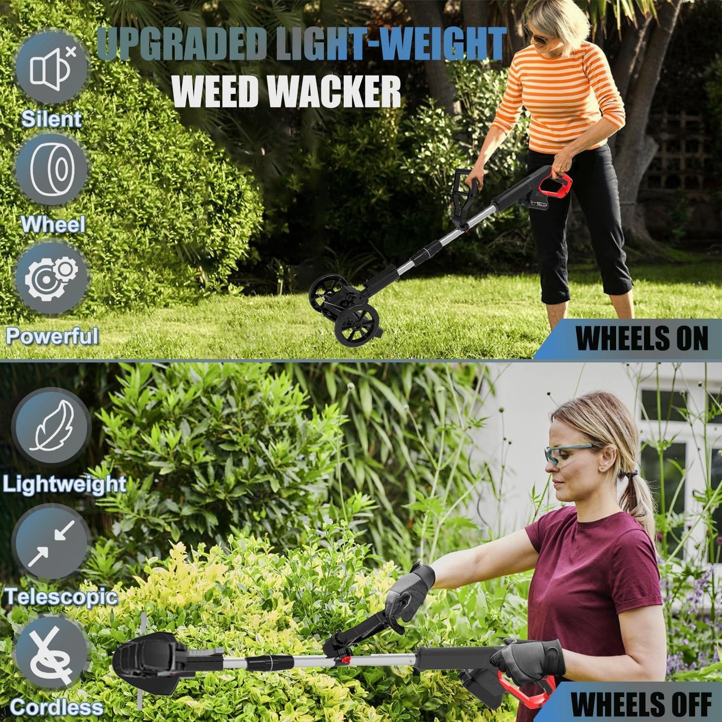 Cordless Weed Wacker Battery Powered Electric Weed Trimmer, with 2Pcs 21V Battery 5 Types Blades Lightweight Grass Trimmer Edger Lawn Tool, Push Wheeled No-String Trimmer for Garden Yard